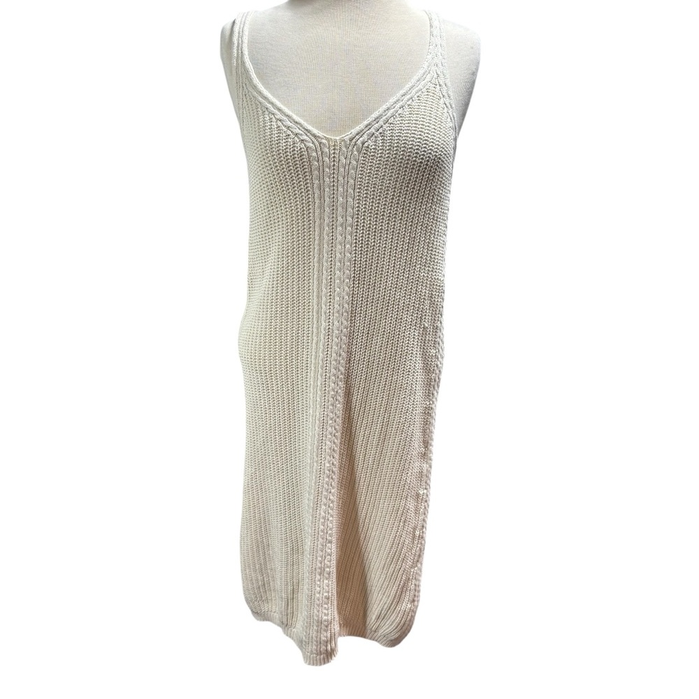 Elan Cream Cable Knit V-Neck Sleeveless Midi Sweater Dress Large #124